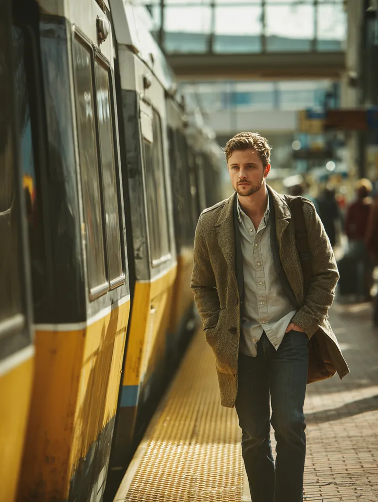 Young man stepping off a commuter train onto a busy platform, keeping a short loan repayment plan on schedule