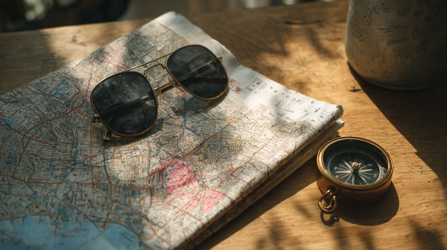 Folded city map with a brass compass and sunglasses on a wooden table