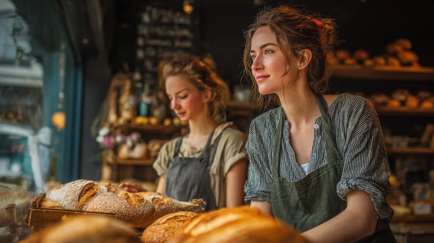 Bakery owner and her young employee stocking fresh bread in the shop window, the kind of micro business a rise credit small loan can support
