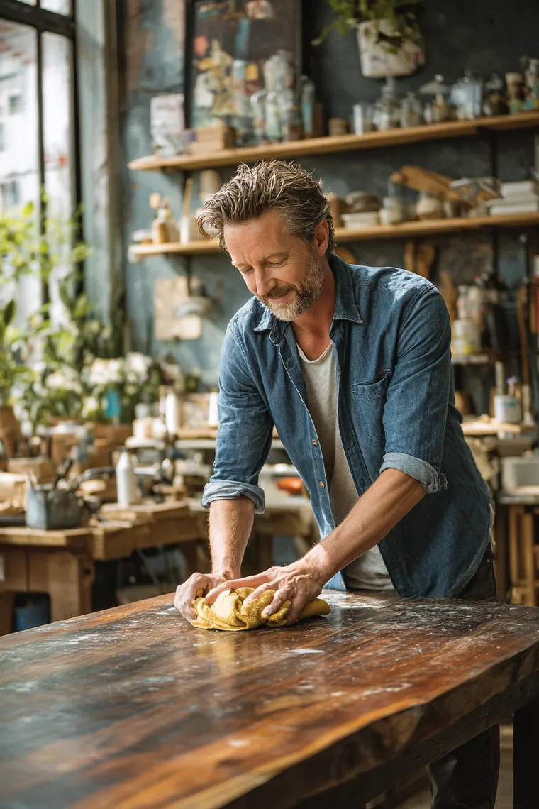 Woodworker sanding a walnut tabletop in a bright workshop, showing equipment and materials a small personal loan might fund