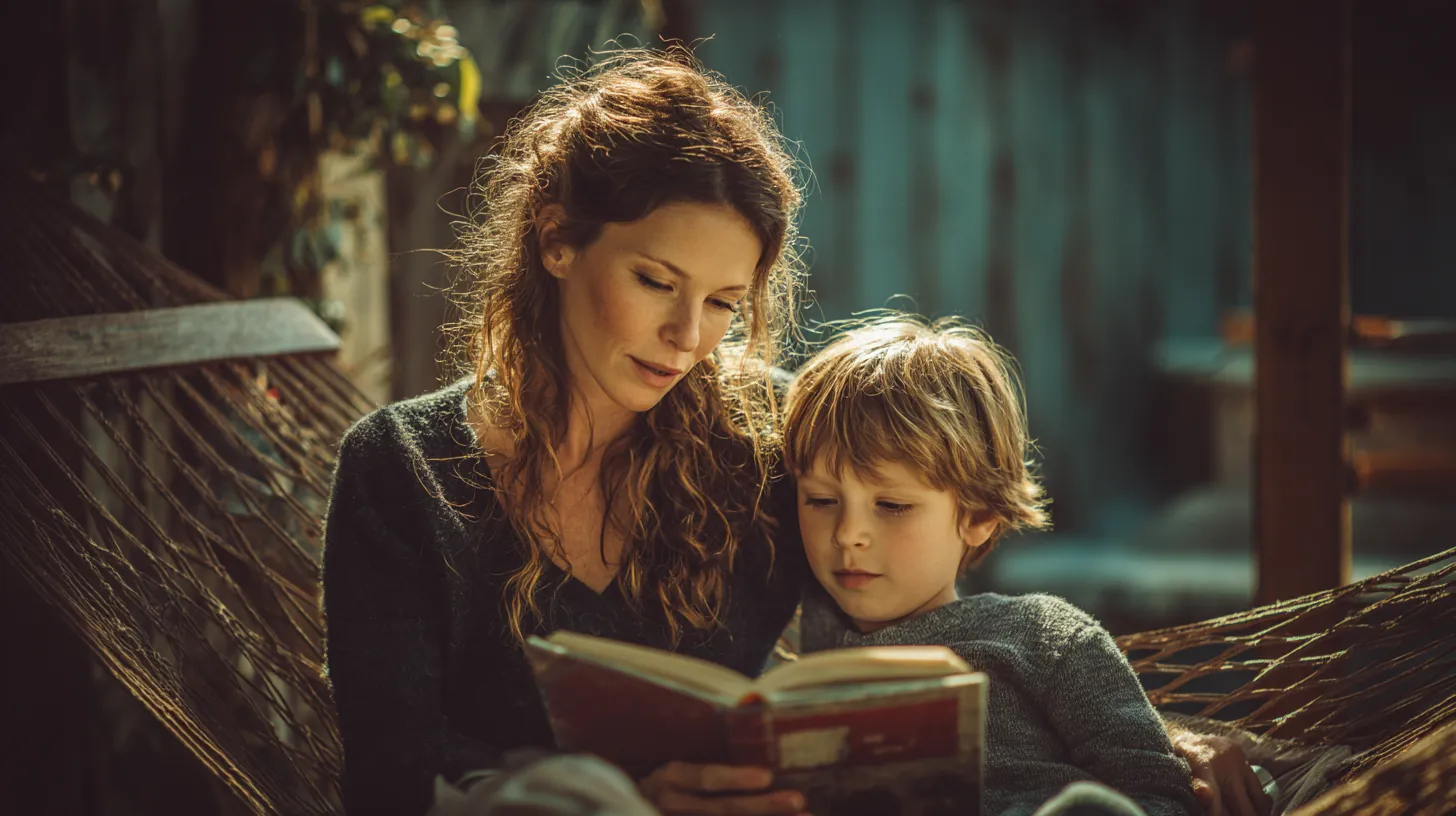 Mother in her 30s reading a book with her young son in a backyard hammock