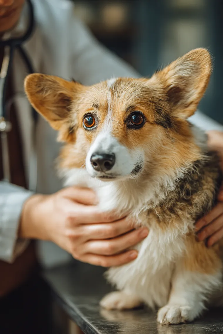 Veterinarian examining a corgi while its owner in his 30s watches closely during an unexpected visit