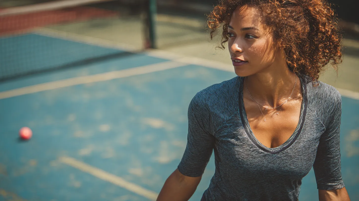 Woman in her 30s playing pickleball on an outdoor court, confident after checking rise credit score requirements