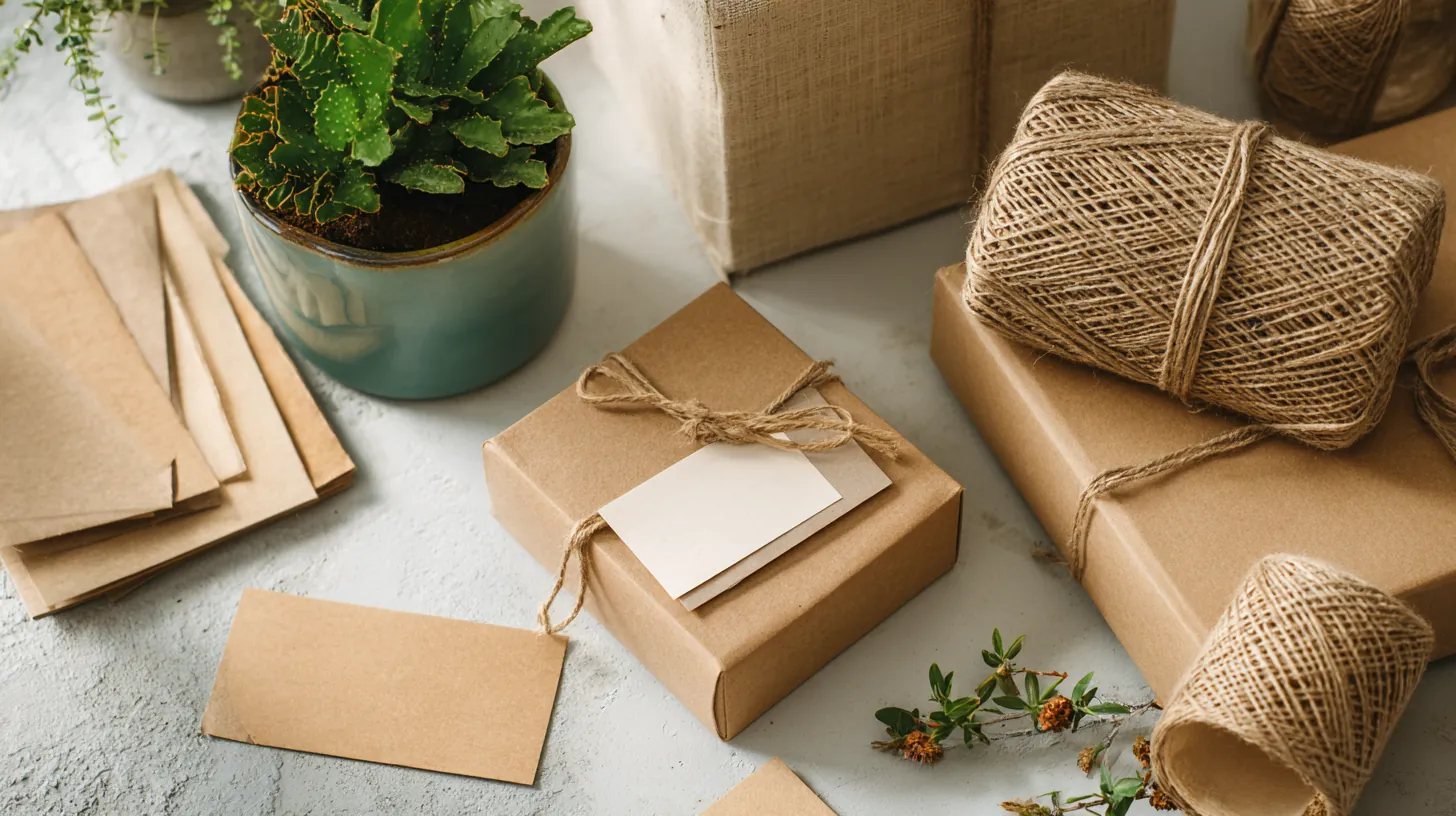 Flat lay of kraft shipping boxes, tissue paper, twine and blank labels on a white worktable, packaging costs to plan before any rise credit search