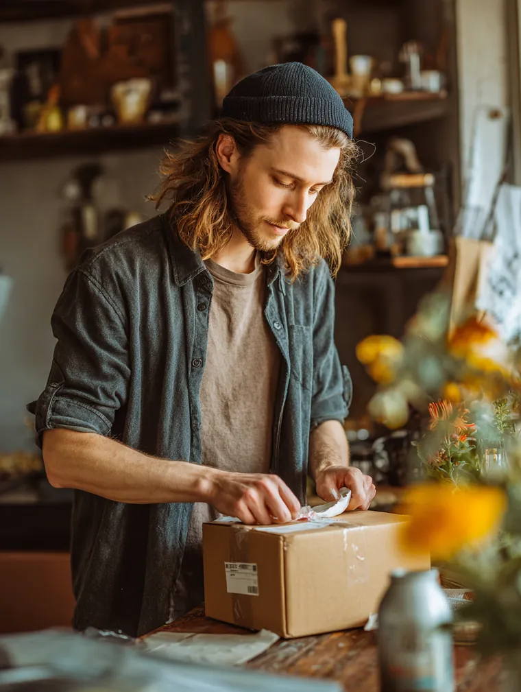 Young online seller taping a parcel closed in his home studio before shipping an order